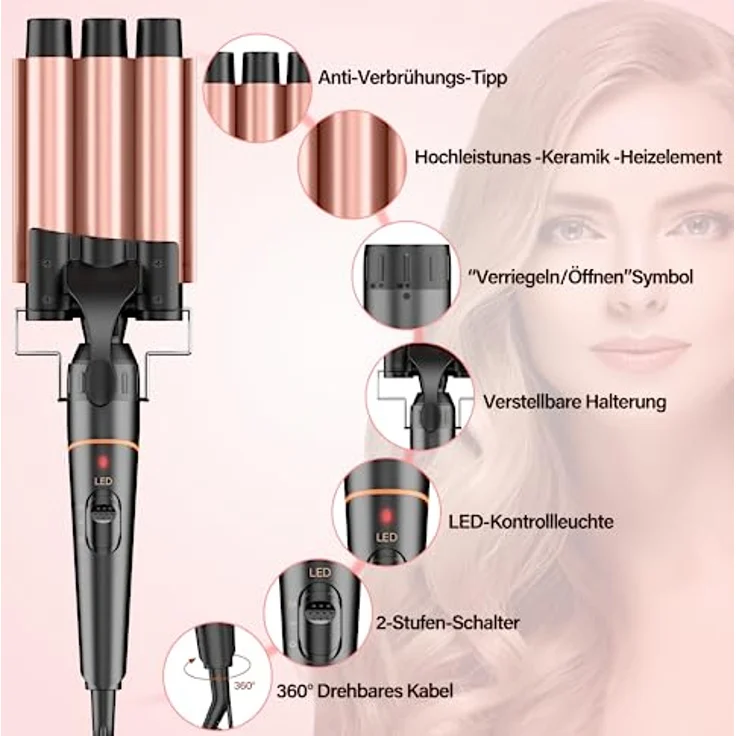 Lockenstäbe 3 Fässer für Große-BESTOPE PRO Lockenstab set 5 in 1 Locken mit einstellbarer Temperatur Keramik Lockenwickler mit Verschiedenen Aufsätzen Schnelle Heizung, Handschuh, 2 Clips – Bild 4
