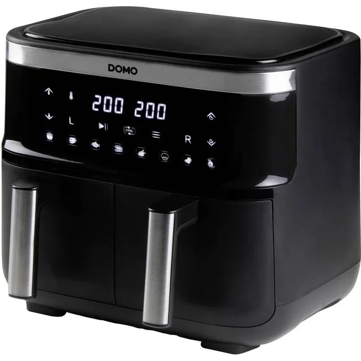 Domo DO537FR Heißluftfritteuse, ohne Fett, 2 x 4 Liter, Überhitzungsschutz, Timerfunktion, mit Display, Antihaftbeschichtung, schwarz