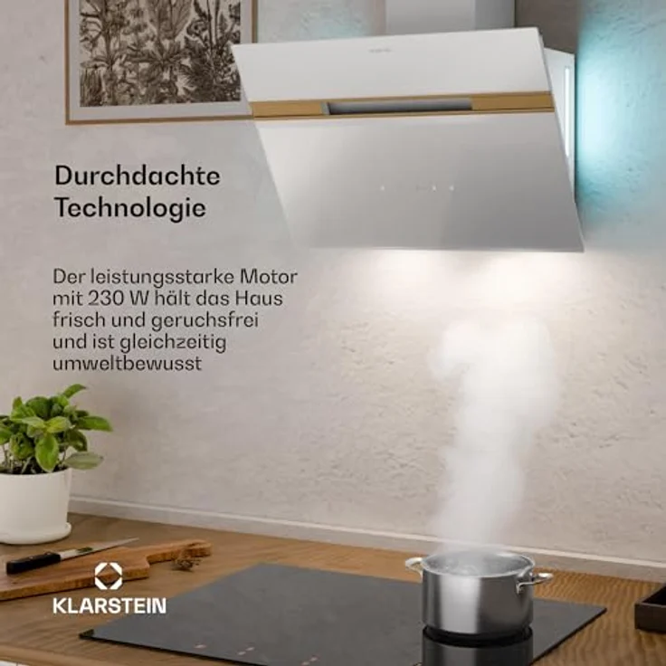 Klarstein Dunstabzugshaube Alina, 60 cm Wandhaube mit 600 m³/h, Energieeffizienzklasse A, LED-Beleuchtung in 9 Farben, Touch-Bedienfeld, Weiß-Gold, Umluftbetrieb möglich – Bild 3