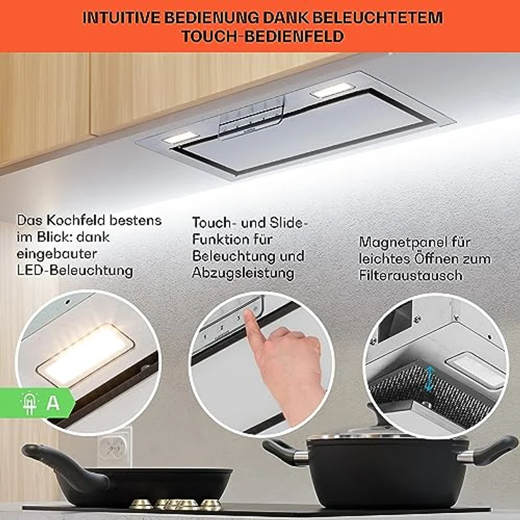 Klarstein Dunstabzugshaube 52cm, Abluft-Dunstabzugshaube mit Spülmaschinenfestem Aluminium Filter, Leise Abzugshaube für Abluft, 397 m³/h Luftstrom, Wandhauben mit LEDs, Dunstabzug zur Wandmontage – Bild 4