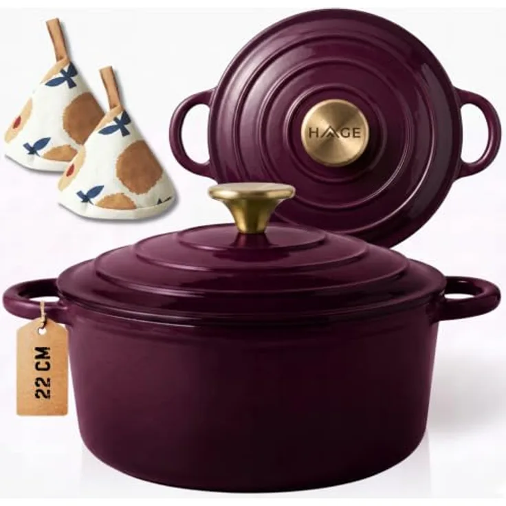 Torvon Bräter Gusseisen-Topf emailliert 22 cm, Farbe Aubergine, ideal für Ofen und Herd