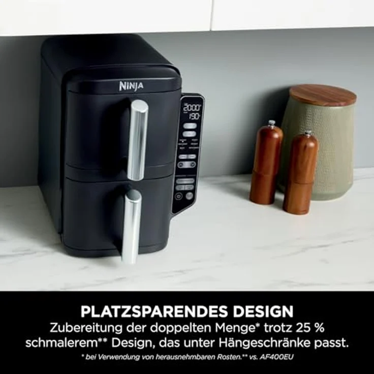 Ninja Double Stack Heißluftfritteuse, 7,6 L Airfryer, Doppelkorb-Heißluftfritteuse mit 4 Kochstufen, 2 Schubladen, 2 Gestelle, platzsparendes Design, 6 Kochfunktionen, 6 Portionen, Schwarz – Bild 3