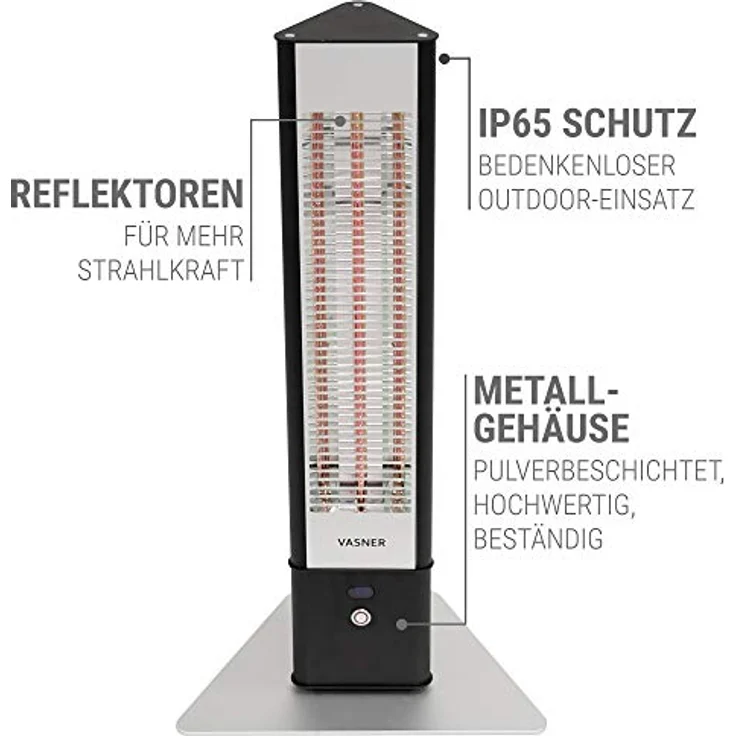 VASNER HeatTower Mini – Stand-Heizstrahler 1500 W, Infrarotstrahler mit Standfuß, Fernbedienung, IP65 Schutz für Außenbereich Terrasse, Terrassenstrahler elektrisch (Schwarz) – Bild 4