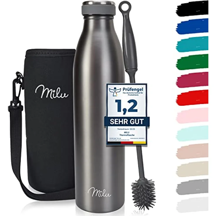 Milu Edelstahl Trinkflasche 350ml 500ml 750ml 1L 1,5L Thermosflasche, Isolierte Wasserflasche, Auslaufsichere Isolierflasche doppelwandig, Kohlensäure geeignet – inkl. Reinigungsbürste (Grau) – Bild 1
