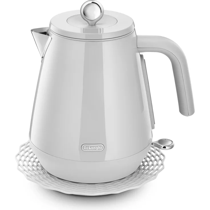 De'Longhi Eclectica KBY2001.W, Wasserkocher mit Edelstahl-Finish, 1,7 l Kapazität, kabellose 360°-Drehbasis, inkl. 2 Untertassen