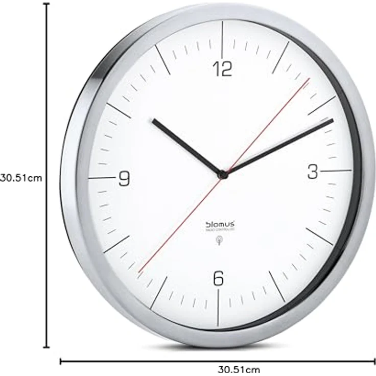 blomus -CRONO- Funkuhr M mit mattiertem Edelstahlrand, zeitloses Weiß, Wanduhr, automatische Zeiteinstellung, hohe Genauigkeit, exklusives Wohnaccessoire (H / B / T: 30,5 x 30,5 x 4 cm, Weiß, 65436) – Bild 3
