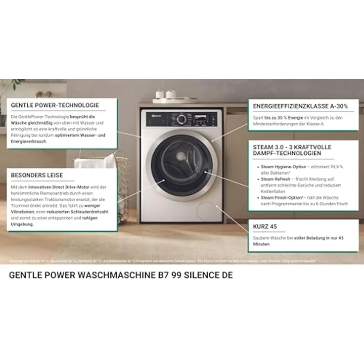 Bauknecht B7 99 SILENCE DE Waschmaschine Frontlader/Gentle-Power/A-30%/SteamHygiene/SteamRefresh/SteamFinish/Volle Ladung 45Min./Extra leise-Programm/Direct Drive-Motor/Vollwasserschutz, Weiß – Bild 4