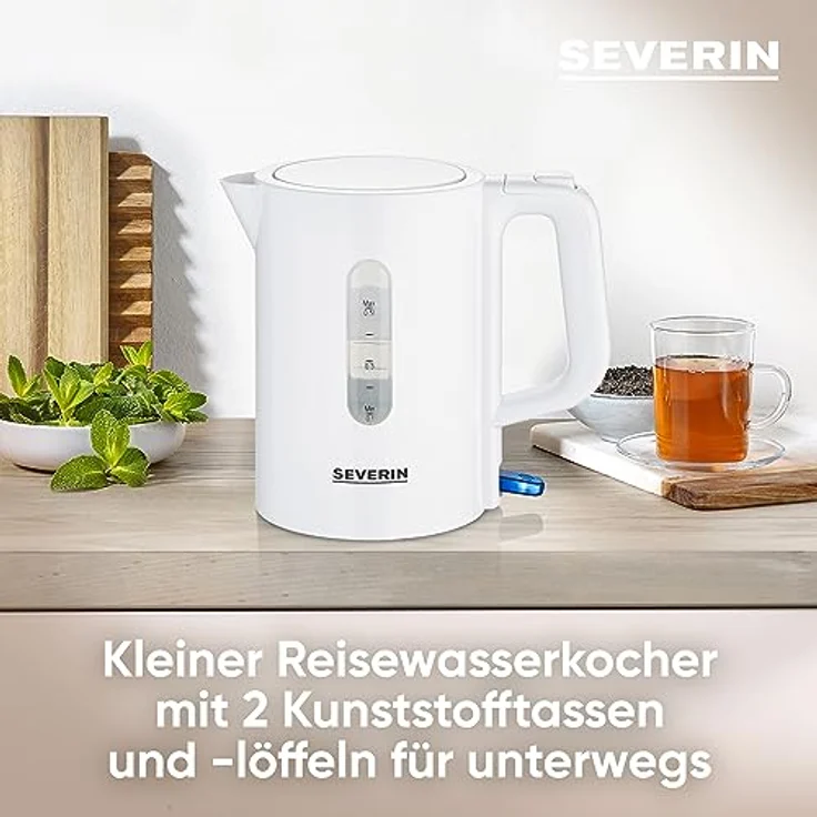 SEVERIN Reise-Wasserkocher-Set, Reisewasserkocher für 0,5 l mit umschaltbarer Spannung (115/230 V), elektrischer Wasserkocher mit 2 Kunststofftassen und 2 Löffeln, weiß, WK 3462 – Bild 3
