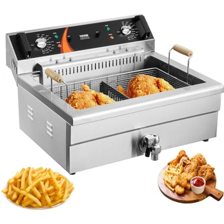 VEVOR kommerzielle Fritteuse, 2250 W elektrische Fritteuse mit Korb, 20 L Fassungsvermögen, Edelstahl, Silber, Temperaturregelung
