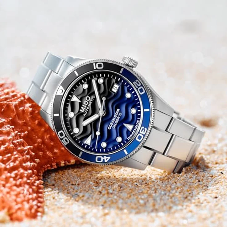 Mido Ocean Star 39, Unisex Automatikuhr mit Edelstahlgehäuse, 20 ATM wasserdicht, schwarz/blau Zifferblatt, Schweizer Automatikwerk Mido Kaliber 72 – Bild 6