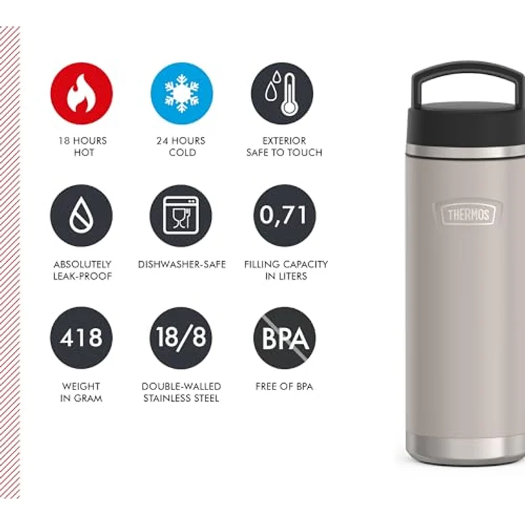 Thermos THERMOS ICON BEVERAGE BOTTLE 0,71l, beige/sandstone mat, Edelstahl Trinkflasche 710ml, 18h heiß / 24h kalt, spülmaschinenfest, absolut dicht, BPA-frei – Bild 5