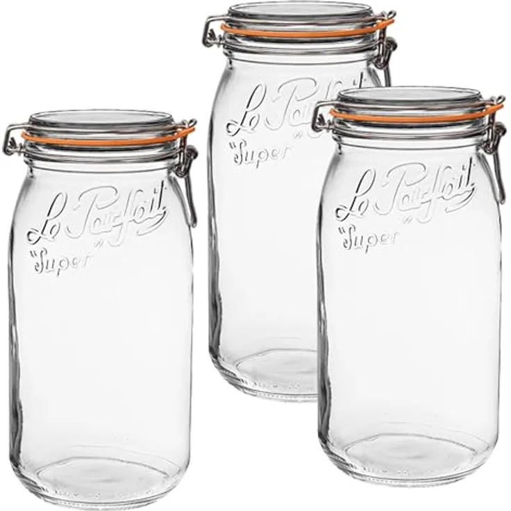 Le Parfait Super Jars - Wide Mouth French Glass Weck Gläser mit abgerundeten Korpus, Glasdeckel und Naturkautschukdichtungen - Vorratsdosen fein 3000ml - 96oz - SS farblos
