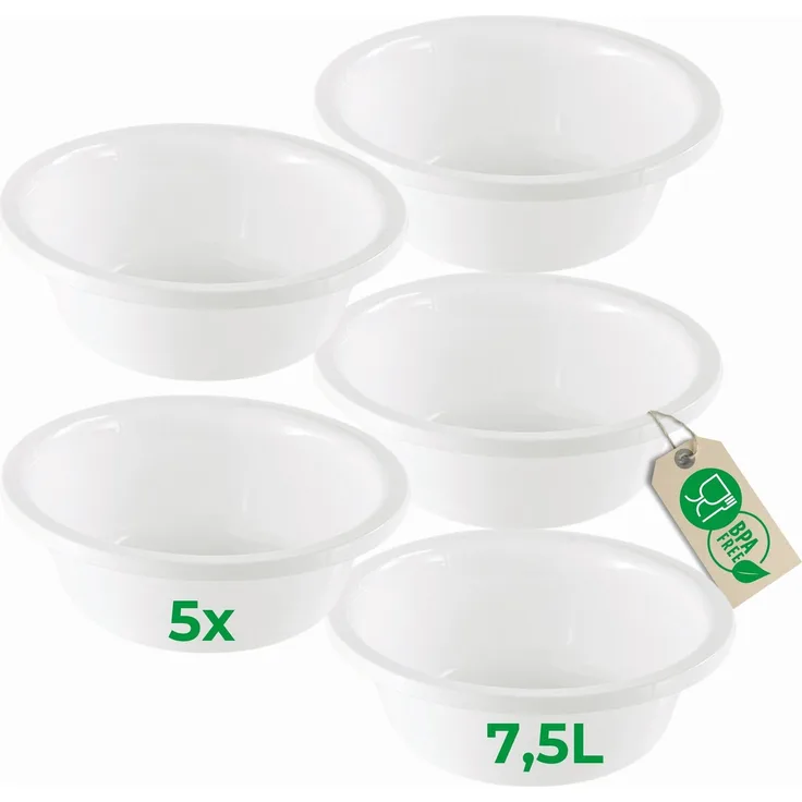 Novaliv 5x Rundschüssel 7,5L, D36 cm, Weiß, BPA-frei & spülmaschinenfest – Multifunktionale Kunststoffschüssel für Küche und Camping