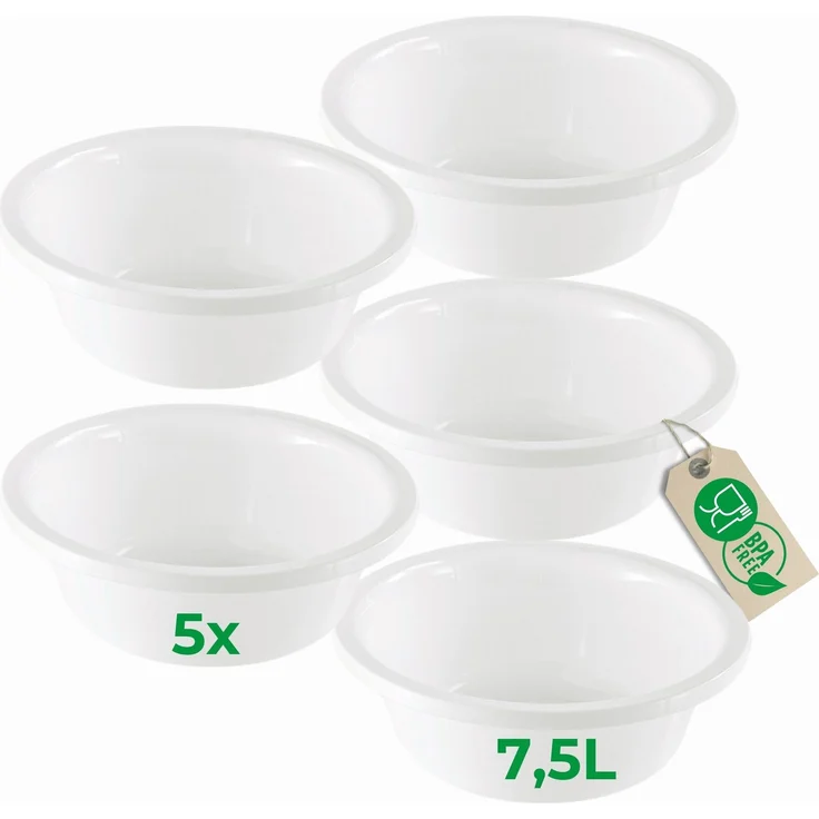 Novaliv 5x Rundschüssel 7,5L, D36 cm, Weiß, BPA-frei & spülmaschinenfest – Multifunktionale Kunststoffschüssel für Küche und Camping