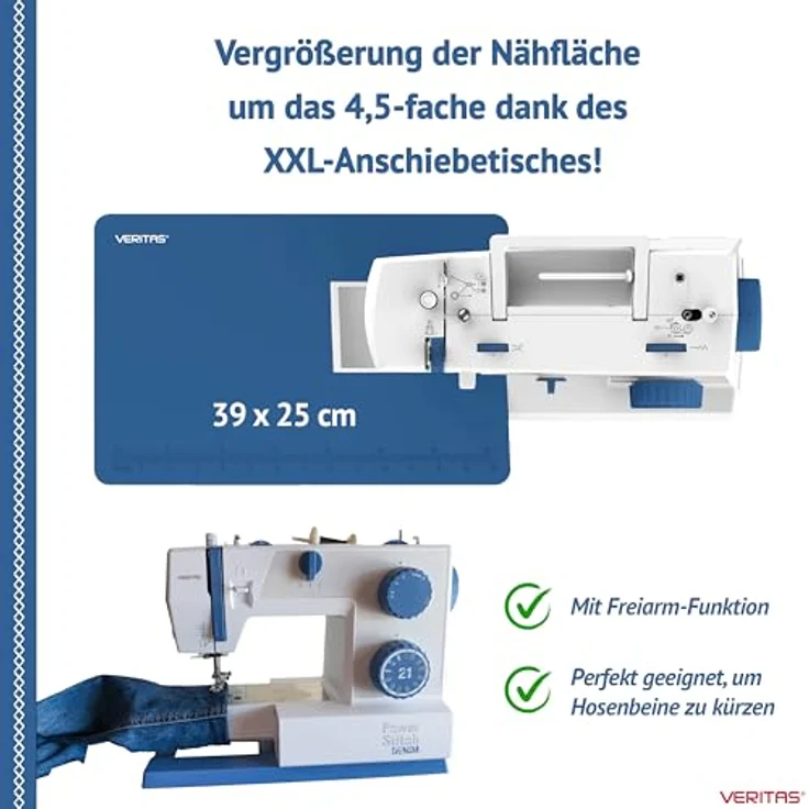VERITAS Power Stitch 21 Denim Nähmaschine, mit XXL-Anschiebetisch und Fußpedal, bis zu 1.000 Stiche/Min, anpassbarer Nähfußdruck, inkl. Staubschutzhülle – Bild 4