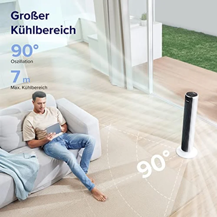 LEVOIT 28dB leiser Turmventilator mit Fortschrittlichem Schlafmodus,7m/s Ventilator mit Fernbedienung,90° Oszillation Tower Fan,4 Modi 5 Geschwindigkeiten,12-Std-Timer,Weiß – Bild 2