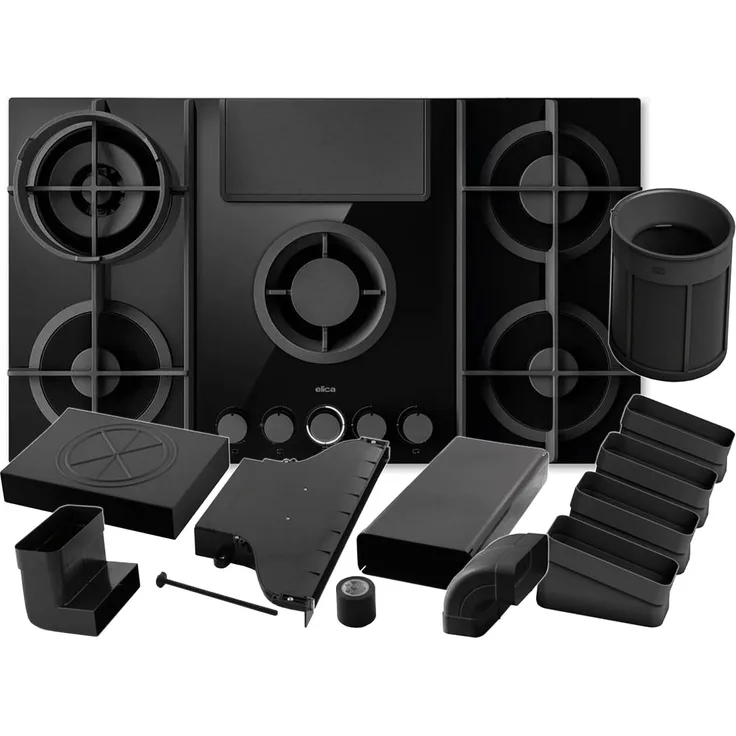 Elica NikolaTesla Flame Evo PRF0196341, Gaskochfeld mit Dunstabzug, 4 Brenner, schwarze Keramikglasoberfläche, inkl. Umluftset KIT0199836