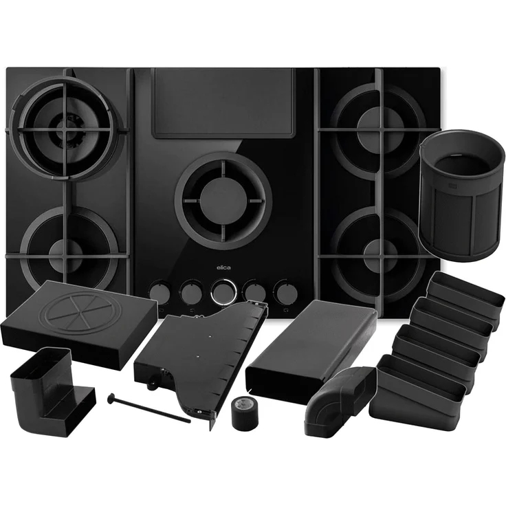 Elica NikolaTesla Flame Evo PRF0196341, Gaskochfeld mit Dunstabzug, 4 Brenner, schwarze Keramikglasoberfläche, inkl. Umluftset KIT0199836