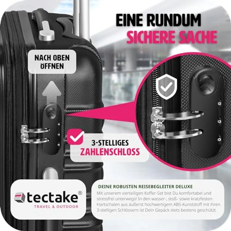 tectake 4 TLG Reisekoffer Set, Hartschalenkoffer Set, Trolley Kofferset, ABS Hartschalen Reisekofferset, Reisetasche, Trolley, Gepäck, Koffer Set, 4 Rollen, 360 Grad drehbar, Teleskopgriff - schwarz – Bild 5