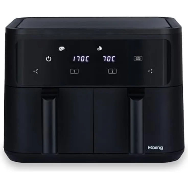H.Koenig Airfryer Fritteuse ohne Öl, 2 Becken, XXL FRY900, doppelte Kapazität 9 l, verstellbar 80 – 200 °C, 5 Kochmodi, Timer 60 Minuten, 8 Programme, Touchscreen, silber