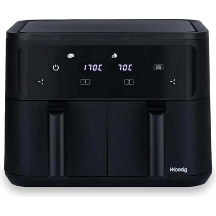 H.Koenig Airfryer Fritteuse ohne Öl, 2 Becken, XXL FRY900, doppelte Kapazität 9 l, verstellbar 80 – 200 °C, 5 Kochmodi, Timer 60 Minuten, 8 Programme, Touchscreen, silber – Bild 1