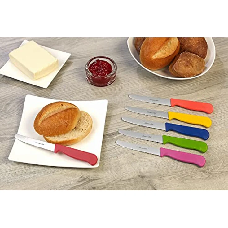 Rosenstein & Söhne Brötchenmesser: 6er-Set bunte Frühstücksmesser mit Wellenschliff, 11,4 cm Klingenlänge (Brotmesser, Vespermesser, Keramikmesser) – Bild 2