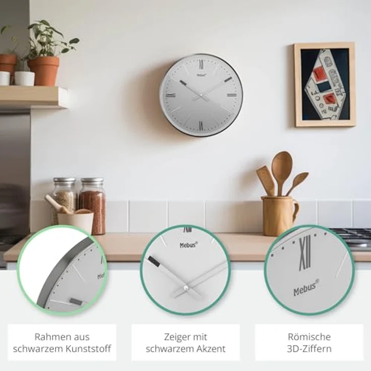Mebus Wanduhr TinyTime, leise Quarz-Wanduhr mit römischen Ziffern, 25 cm Durchmesser, graues Zifferblatt, anthrazitfarbenes Gehäuse – Bild 3