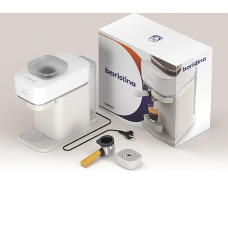 Philips Baristina Espressomaschine - Real Espresso, made simple. Kompakte Kaffeemaschine, Naturweiß mit mangogelbem Siebträger, 16-bar-Pumpendruck, automatisches Mahlwerk, Cafe Crema (BAR300/03) – Bild 4