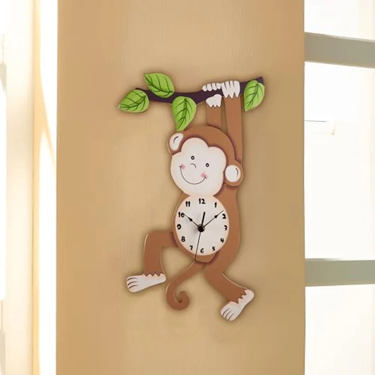 Teamson Kids Sunny Safari Monkey Wanduhr, Braun, Holzwerkstoff, 29x4x41 cm, keine Montage erforderlich, Kinderuhr zur Zeitlernung – Bild 2