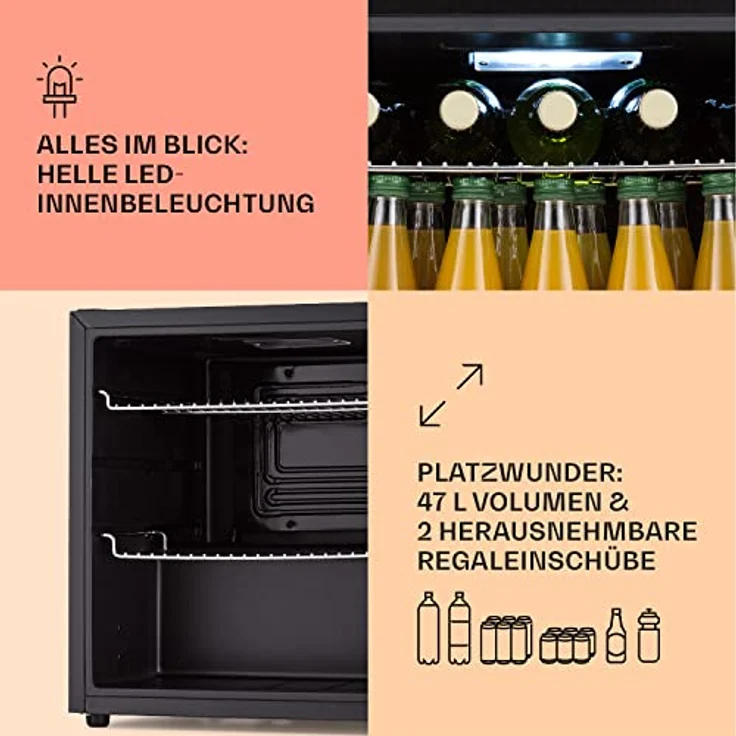 Klarstein Table Top Kühlschrank HEA-Coachella 50-wh 10045041, Bierkühlschrank mit WiFi, Balanced Light Concept, 47 Liter, Glas- und Edelstahl, 51 cm hoch, 47.5 cm breit – Bild 5