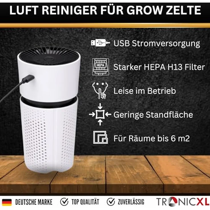 TronicXL Mini Luftreiniger HEPA H13 Filter, kompakt mit 3 Geschwindigkeiten, USB powered für Growboxen und Zelte – Bild 2