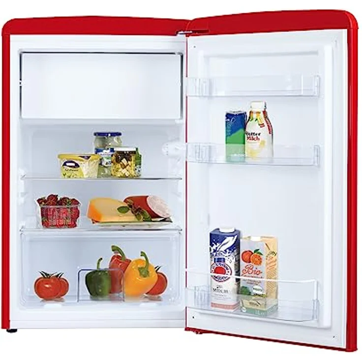 Amica KSR 361 160 R Kühlschrank mit Gefrierfach/Chili Red (Rot) / 88cm Höhe/Retro-Design/LED-Beleuchtung/Gemüseschublade – Bild 2