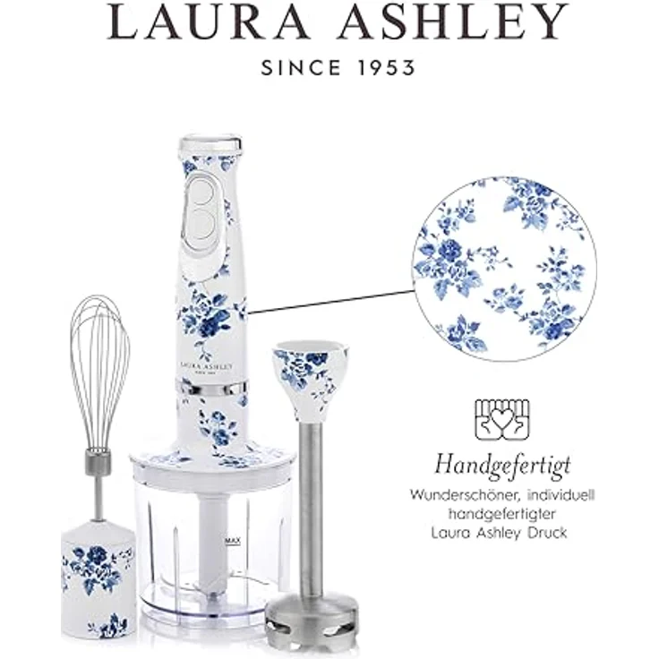 VQ Laura Ashley 4-in-1 Stabmixer, 600W Edelstahl, handbemalte China Rose Oberfläche, variable Geschwindigkeit, mit Zubehörset – Bild 6