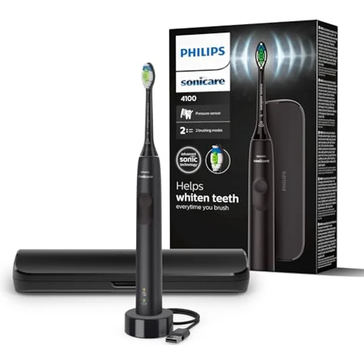 PHILIPS Sonicare 4100 - Elektrische Zahnbürste für Erwachsene mit W2 Optimal White Bürstenkopf in Schwarz, inkl. Reiseetui und USB-Ladegerät – Bild 1