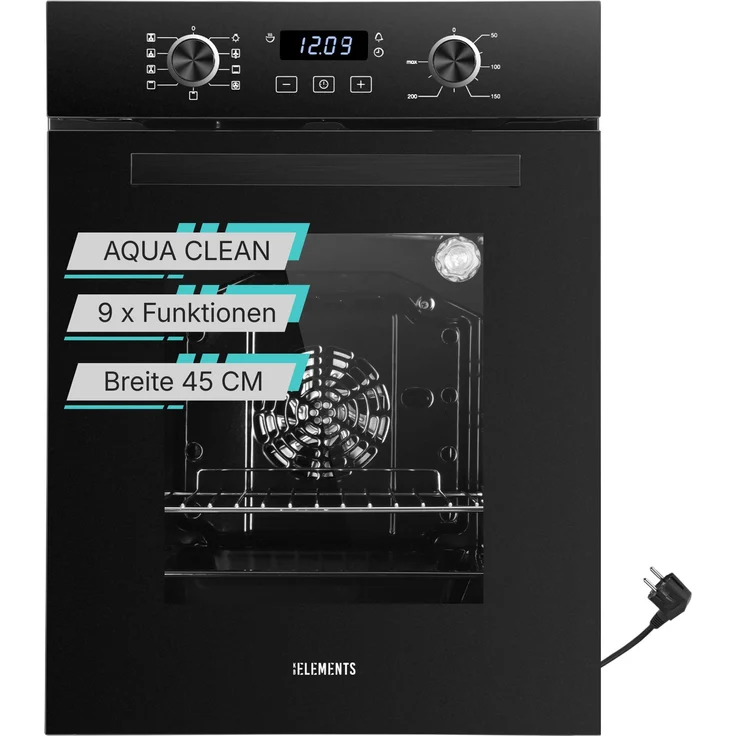 KB ELEMENTS Einbaubackofen 45EV1, 45 cm, 50 Liter, 9 Funktionen, AQUA CLEAN, Wide-Screen-Window, versenkbare Drehknebel, schwarz