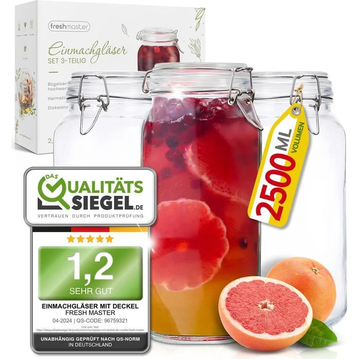 Fresh Master Einmachgläser mit Deckel - Set aus bruchsicherem Glas, Spezialdichtung und Edelstahl Bügelverschluss - Marmeladengläser Gläser Set, 3 x 2500ml