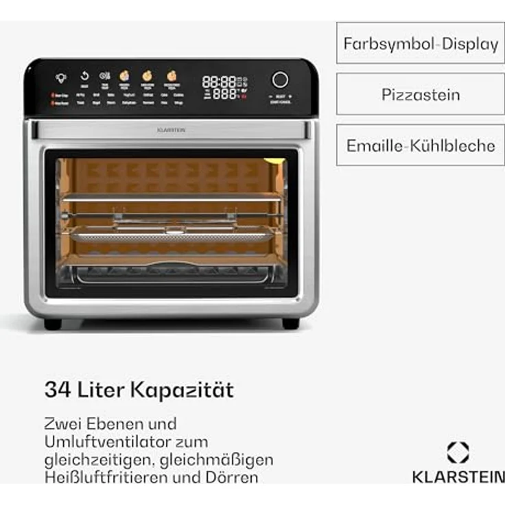 Klarstein AirGlaze Digital Colour Heißluftfritteuse – 34 L, 2200 W, 19 Programme, Drehspieß, Touch Display, 40-350 °C, Pizzastein & Grillroste, Edelstahl, Doppelt Verglaste Tür, Schwarz – Bild 2