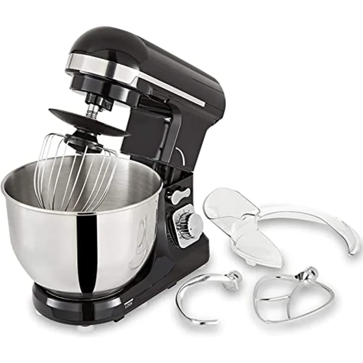 Topmatic Pkm-1400.2 Küchenmaschine, 1400W, 5L Edelstahlschüssel, Kunststoff, 6 Geschwindigkeiten, inkl. Spritzschutz, schwarz