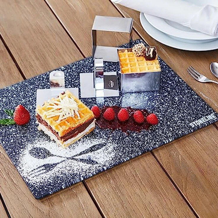 STONELINE Dessertringe und Speiseringe, Ring Set eckig, 8-teilig, Edelstahl, 6 Ringe, 1 Heber, 1 Stempel, Lebensmittel Presse, Dessertringe 8cm, Dessertring/Speisering – Bild 2