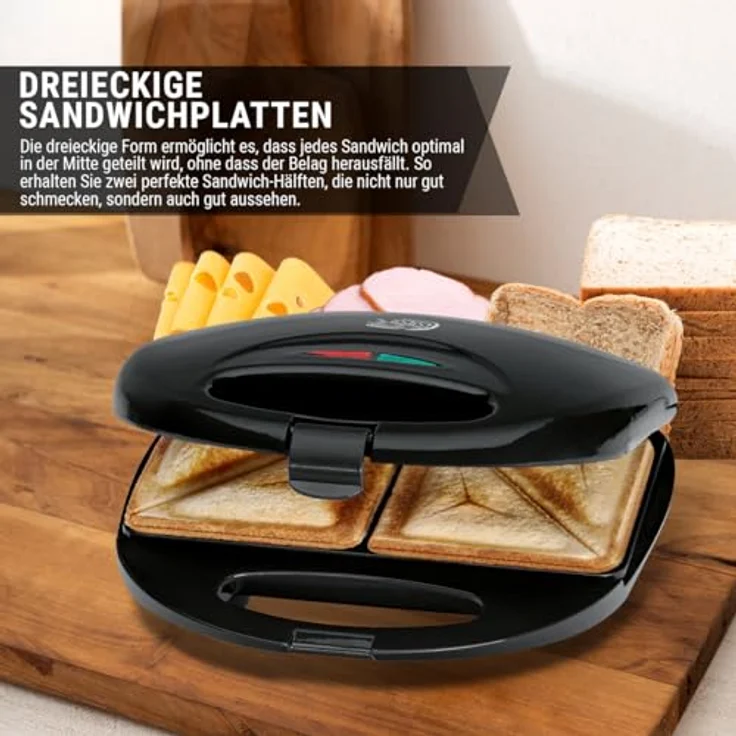 Clatronic ST 3477 Sandwichtoaster, 3-eckige Sandwichplatten, automatischer Temperaturregler, mit 2 Kontrollleuchten, Antihaftbeschichtung, Überhitzungsschutz, schwarz – Bild 2