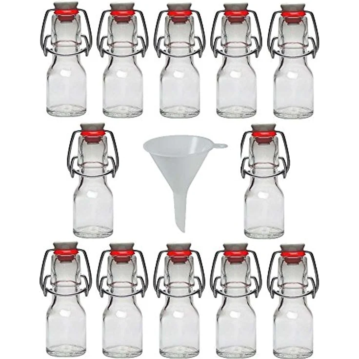 Viva Haushaltswaren 12 x Mini Glasflasche 50 ml mit Bügelverschluss aus Porzellan zum Befüllen, als kleine Likörflasche & Ölflasche verwendbar inkl. Trichter Ø 7 cm – Bild 2
