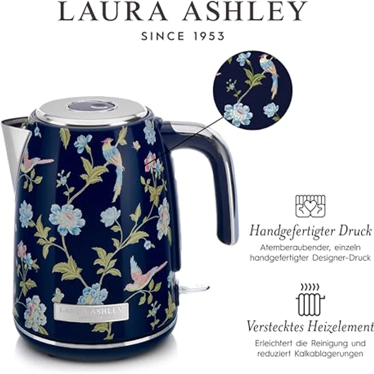 VQ Laura Ashley Elveden Navy, Kabelloser Edelstahl-Wasserkocher 1,7 Liter mit 2,2 kW Schnellkochtechnologie und Überhitzungsschutz – Bild 4