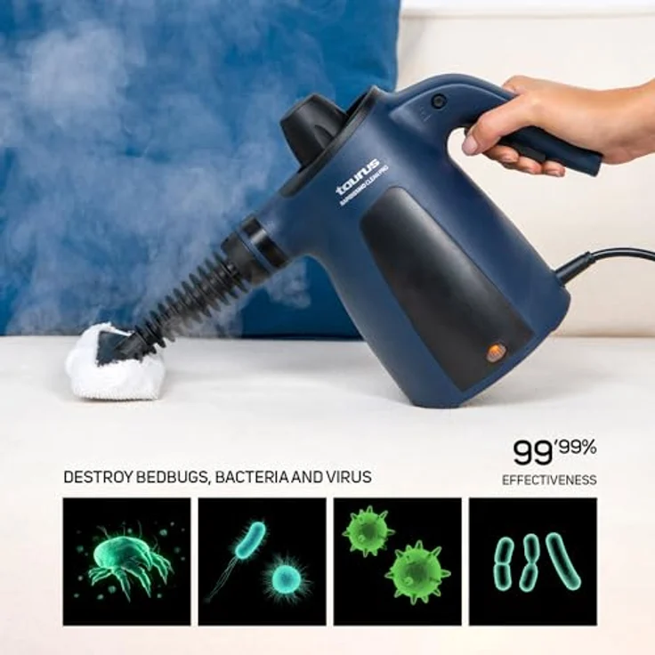 Taurus Rapidissimo Clean Pro, Dampfreiniger mit 1050 W, 160ºC, 3 bar Dampfdruck, 350 ml Tank, 3m Kabel, 7 Zubehörteile, Blau – Bild 2
