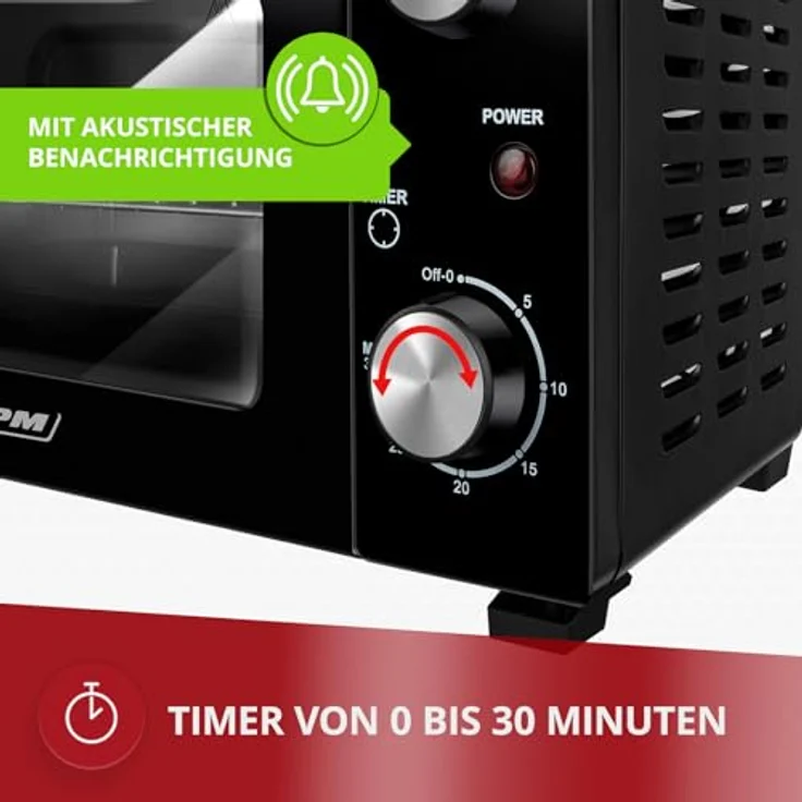 MPM MPE-13 Mini-Backofen, freistehend mit 10 L Volumen, Ober- und Unterhitze, 4-stufige Temperaturregelung 90-230°C, schwarz, inkl. Backblech und Gitterrost – Bild 4