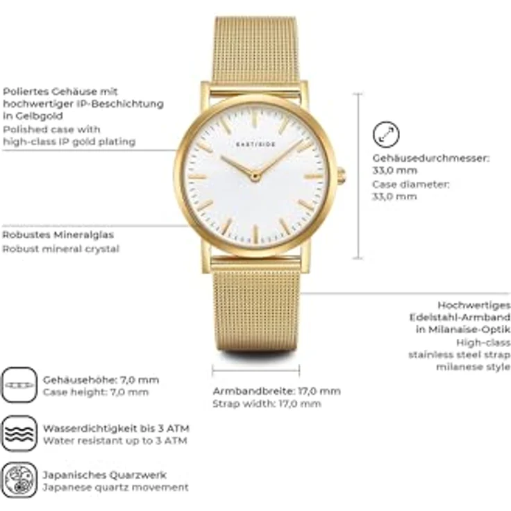 Eastside Damen Uhr analog Japanisches Quarzwerk mit Edelstahl Armband gelbgold 3 ATM10080011, stilvolles Design mit IP-Finish in Gelbgold – Bild 2