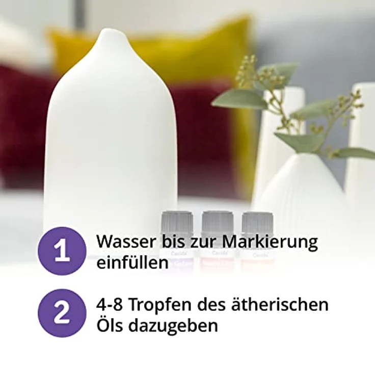 Casida Moderner Keramik Aroma Diffuser, 3-in-1: Ultraschall Diffusor, Luftbefeuchter & Nachtlicht mit LED Licht, 100 ml Wassertank (Weiß) – Bild 4