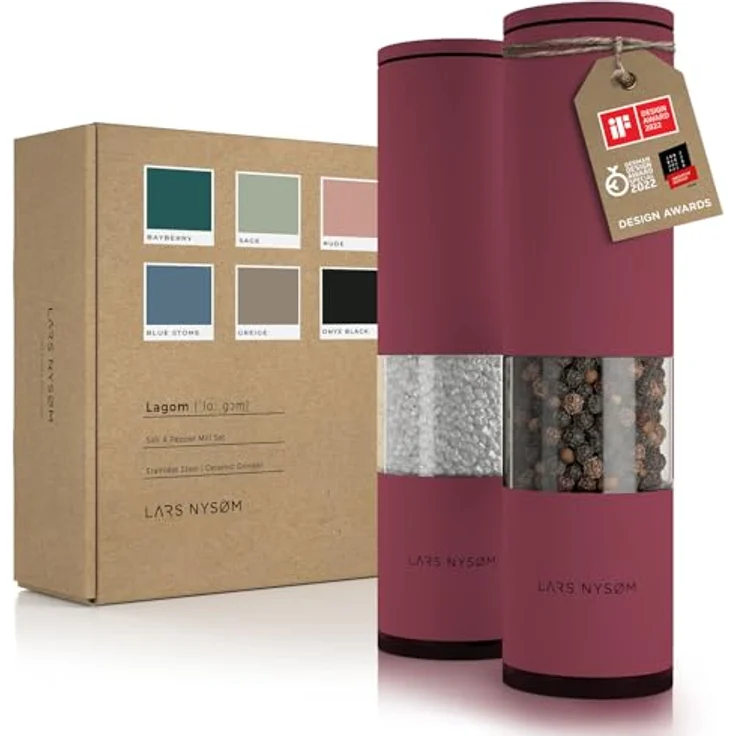 LARS NYSØM Salz und Pfeffer Mühle 2er Set Manuell mit einstellbarem Keramik-Mahlwerk von grob bis fein I Design Gewürzmühlenset (2 Stück) (Berry) – Bild 1