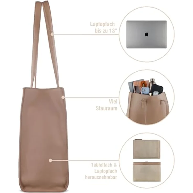 bugatti Luna Shopper Tasche, 40 cm mit Laptopfach, 100% Polyurethan, braun – Bild 3