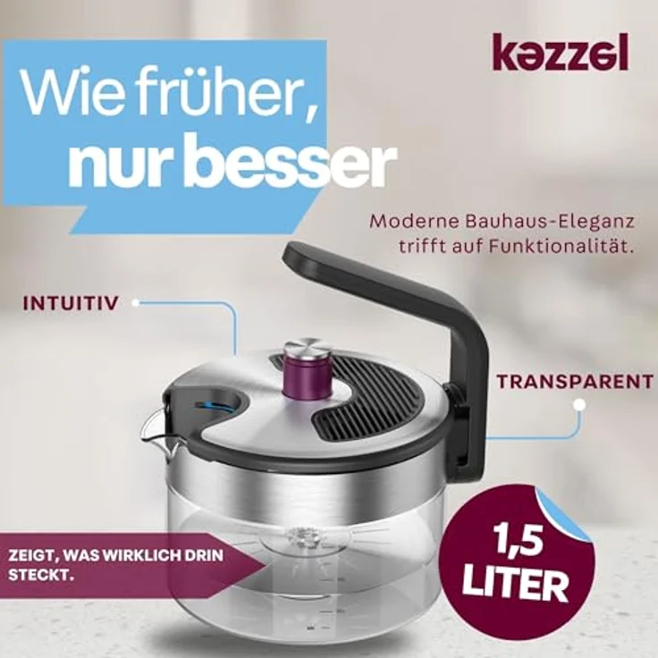 Kezzel® Wasserkessel für Induktionsherde 1,5 Liter | Automatische Abschaltfunktion, kein Überkochen | Edelstahl & Glas, spülmaschinenfest – Bild 2