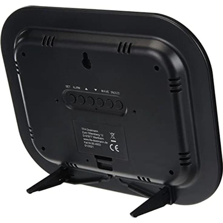 TFA Dostmann Digitale Funkuhr 60.4503, Wanduhr mit Innentemperatur, Wochentag und Datum, schwarz, L 225 x B 31 x H 180 mm, Wecker mit Snooze Funktion und großem Display – Bild 2